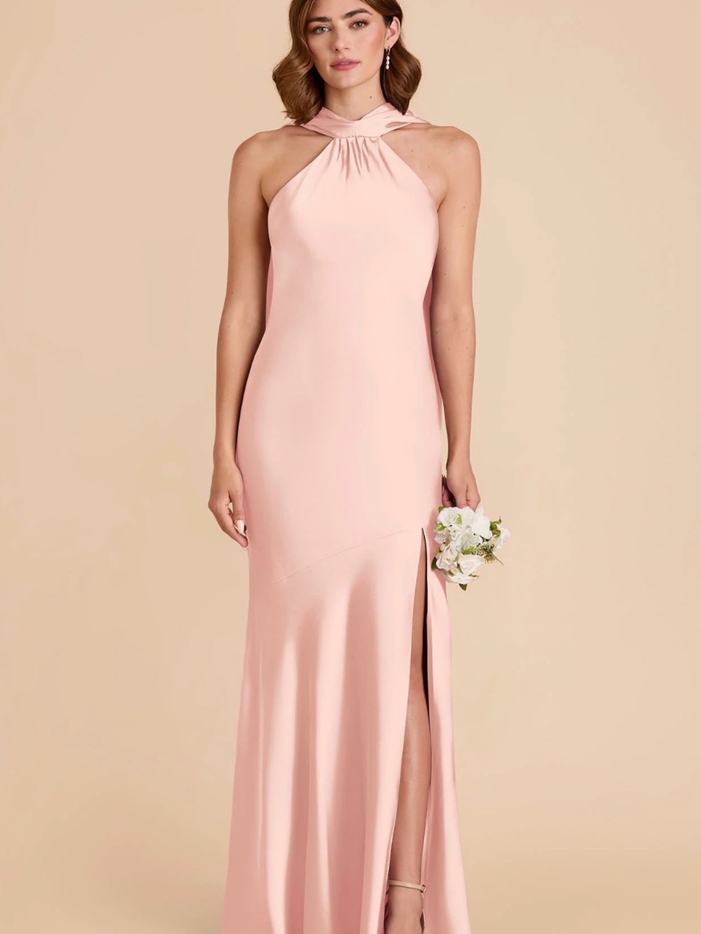 Twist Halter Maxi Dress in Blush Pink Satin